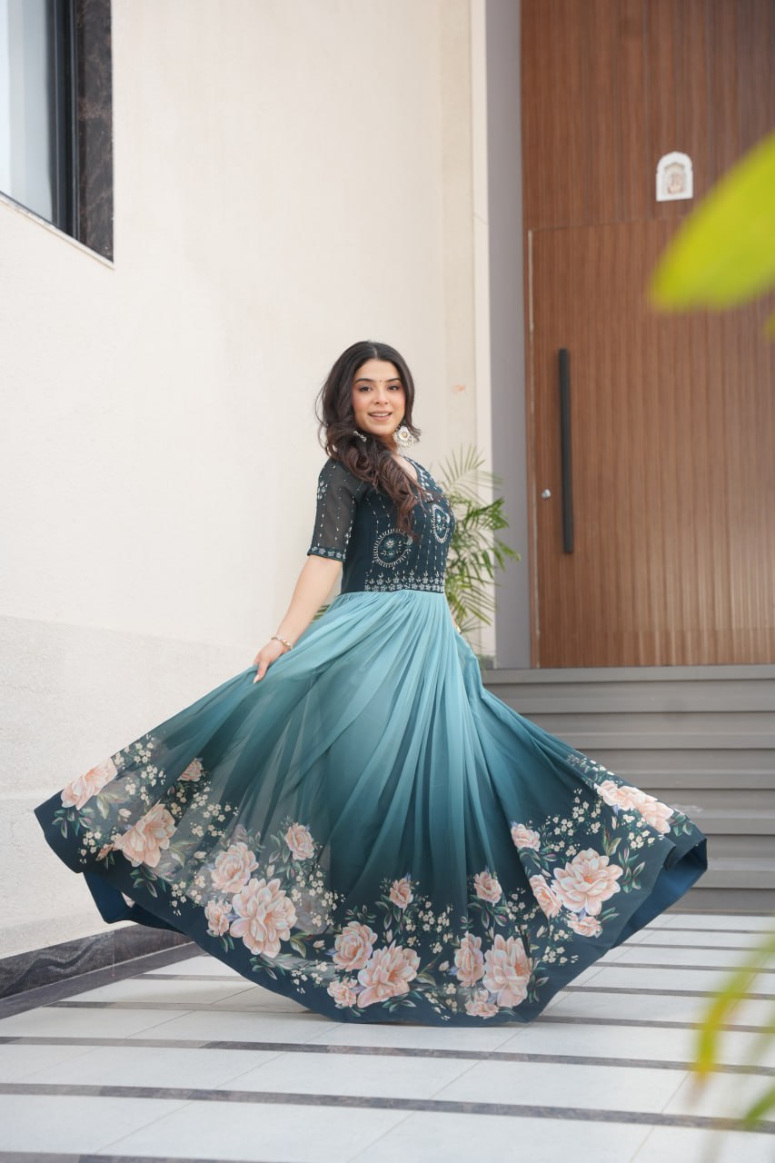 Women's Elegant Teal & Aqua Ombre Gown with Floral Printed Flair & Embellished Bodice – Perfect for Summer Festivities & Parties - Image 2